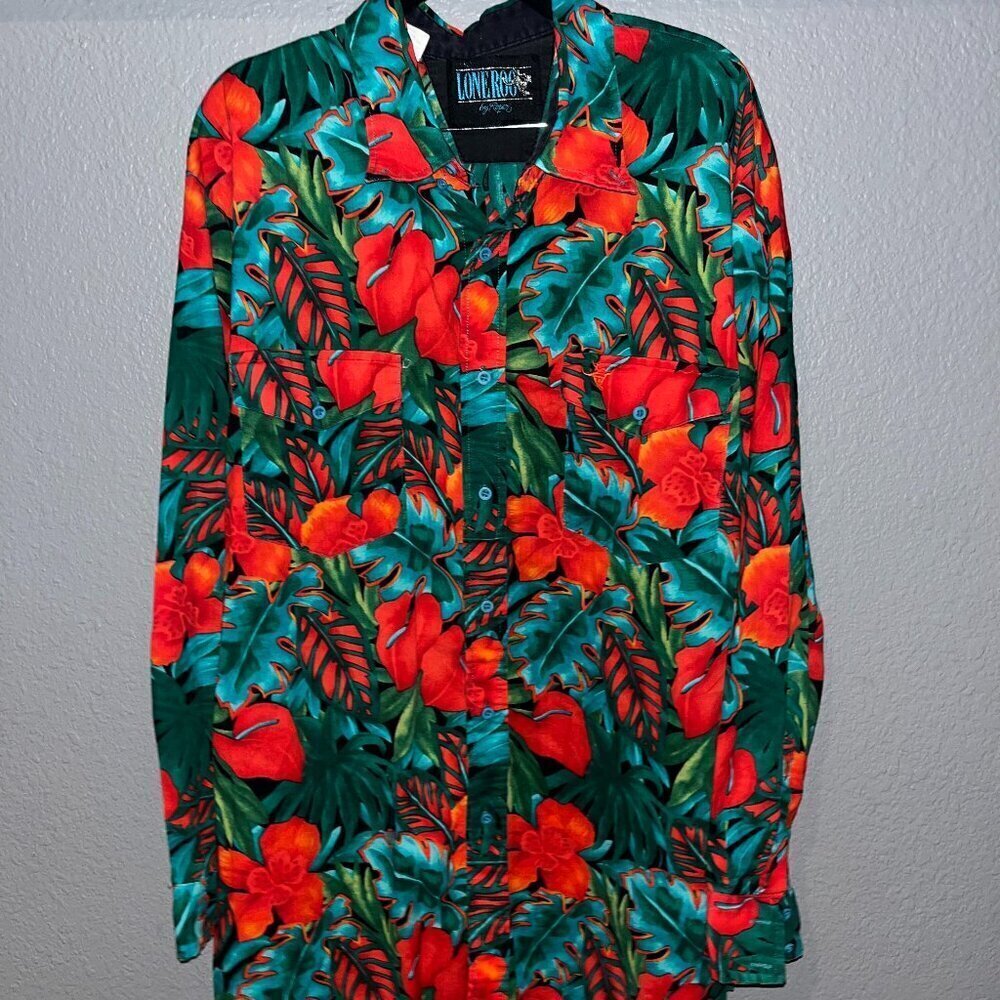 LONE ROO by ROPER Rare Vintage Red & Green Long Sleeve Western Holiday Shirt XXL